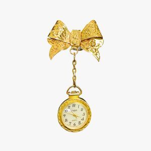 Vintage Sheffield Quartz Brooch Watch Gold Tone Bow Dangle Pin Old Money 60s 70s